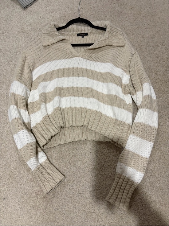Quince Sweaters - Quince Cropped Collared Stripe Sweater - Beige & White